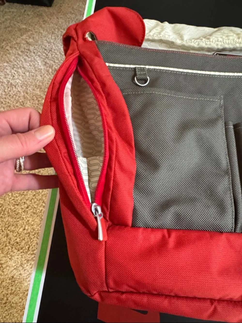 Tumi Red Messenger Bag with Gray Accent. Expandable. Laptop section.